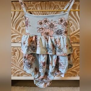 Posh Peanut Floral Ruffle Romper - Blue and Pink 3-6 Months